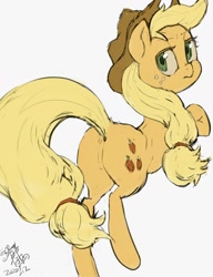 Size: 1014x1322 | Tagged: safe, artist:cottonbudfilly, character:applejack, species:earth pony, species:pony, applebutt, butt, featureless crotch, female, looking back, mare, simple background, solo, white background