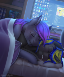 Size: 2500x3000 | Tagged: safe, artist:jessicanyuchi, oc, oc only, oc:grey, oc:rapid shadow, species:bat pony, species:pony, species:unicorn, bed, blanket, book, bookshelf, couple, covering, cozy, crossover, cuddling, discord (software), ear fluff, fangs, freckles, gay, google chrome, in bed, love, male, monitor, nvidia, oc x oc, pikachu, pokémon, rapid x grey, roblox, shipping, sleeping, smiling, snuggling, stallion, steam (software), teeth, under blanket, wing covering, wings