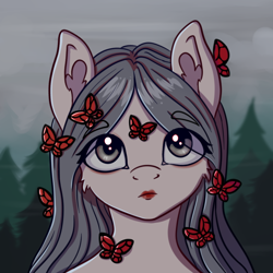 Size: 640x640 | Tagged: safe, artist:silverst, species:pony, butterfly, female, forest background, gray, ponified, solo