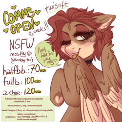 Size: 2300x2300 | Tagged: safe, artist:twisoft, oc, oc only, oc:qwerrtit, species:pegasus, species:pony, advertisement, blushing, commission, commission info, commissions open, commissions sheet, ear fluff, female, illustration, open mouth, pose, solo, tongue out, underhoof
