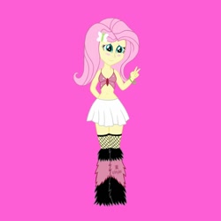 Size: 1280x1280 | Tagged: safe, artist:jazzytyfighter, character:fluttershy, my little pony:equestria girls, belly button, blushing, clothing, female, fishnets, midriff, outfit, pink background, rave, simple background, skirt, solo