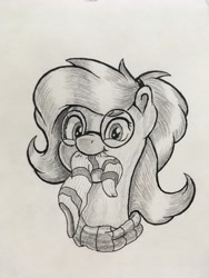 Size: 3024x4032 | Tagged: safe, artist:stink111, oc, oc:whispy slippers, species:pony, bust, clothing, female, glasses, head, mare, monochrome, mouth hold, portrait, sock, socks, solo, traditional art