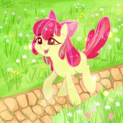 Size: 1000x1000 | Tagged: safe, artist:spoosha, character:apple bloom, species:earth pony, species:pony, adorabloom, blank flank, cute, female, filly, flower, open mouth, path, solo