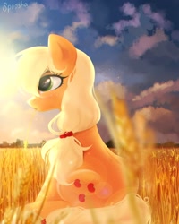 Size: 1200x1500 | Tagged: safe, artist:spoosha, character:applejack, species:earth pony, species:pony, backlighting, cloud, cute, female, food, hatless, jackabetes, lens flare, mare, missing accessory, profile, sitting, sky, solo, straw in mouth, sun, wheat, wheat field