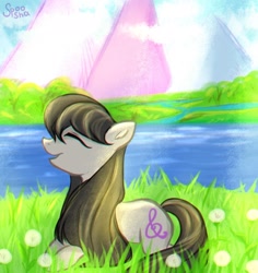Size: 1500x1590 | Tagged: safe, artist:spoosha, character:octavia melody, species:earth pony, species:pony, cute, dandelion, eyes closed, female, flower, mare, open mouth, outdoors, palindrome get, profile, prone, pure, river, solo, tavibetes, wholesome