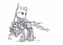 Size: 2577x1846 | Tagged: safe, artist:wisdom-thumbs, oc, oc only, oc:tilter gallant, species:pony, species:unicorn, armor, braided tail, female, grayscale, helmet, knight, mare, monochrome, pencil drawing, plate armor, spear, spurs, traditional art, weapon