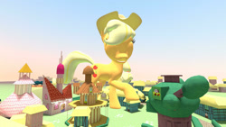 Size: 1366x768 | Tagged: safe, artist:gmodpon-e, character:applejack, species:pony, 3d, 3d model, clothing, female, giant pony, giantess, gmod, hat, macro, mare, ponyville, raised hoof, stetson hat, tree