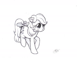 Size: 1961x1481 | Tagged: safe, artist:wisdom-thumbs, character:applejack, character:applejack (g1), species:earth pony, species:pony, g1, bow, female, freckles, grayscale, mare, monochrome, pencil drawing, simple background, tail bow, traditional art, white background