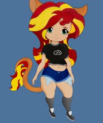 Size: 3441x4096 | Tagged: safe, artist:greed, character:sunset shimmer, species:human, my little pony:equestria girls, breasts, busty sunset shimmer, clothing, denim shorts, digital art, exposed pockets, female, leonine tail, pony ears, shirt, shorts, solo, t-shirt, tail, tomboy