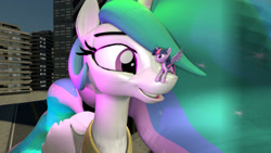 Size: 1500x843 | Tagged: safe, artist:jeroen01, character:princess celestia, character:twilight sparkle, character:twilight sparkle (alicorn), species:alicorn, species:pony, 3d, 3d model, building, duo, eye contact, female, giant pony, giantess, giantlestia, looking at each other, macro, mare, size difference