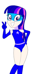 Size: 656x1216 | Tagged: safe, artist:supersamyoshi, character:twilight sparkle, species:human, my little pony:equestria girls, clothing, grin, human coloration, leotard, magic gaia, peace sign, simple background, smiling, superhero, transparent background