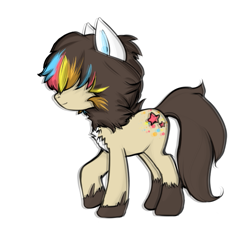 Size: 673x635 | Tagged: safe, artist:ad-opt, oc, oc only, species:earth pony, species:pony, earth pony oc, male, mane, multicolored hair, rainbow hair, raised hoof, simple background, socks (coat marking), solo, stallion, white background