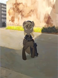 Size: 1522x2048 | Tagged: safe, artist:cottonbudfilly, character:derpy hooves, species:pegasus, species:pony, arm hooves, clothing, female, scenery, semi-anthro, solo, uniform