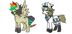 Size: 1407x672 | Tagged: safe, artist:ad-opt, base used, oc, oc only, species:earth pony, species:pony, species:zony, bag, clothing, duo, ear piercing, earring, earth pony oc, hat, hybrid, jewelry, male, multicolored hair, neckerchief, piercing, rainbow hair, saddle bag, simple background, socks (coat marking), stallion, transparent background, wings, zebra pegasus