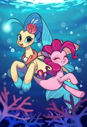 Size: 1470x2140 | Tagged: safe, artist:ikirunosindo, character:pinkie pie, character:princess skystar, species:seapony (g4), my little pony: the movie (2017), bubble, coral, cute, diapinkes, duo, eyelashes, female, fins, fish tail, flower, flower in hair, looking at you, open mouth, seaponified, seapony pinkie pie, skyabetes, smiling, species swap, swimming, underwater, water