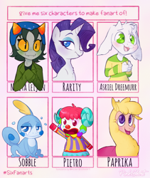 Size: 750x888 | Tagged: safe, artist:lilpinkghost, character:paprika paca, character:rarity, species:alpaca, species:anthro, species:pony, species:unicorn, them's fightin' herds, animal crossing, anthro with ponies, asriel dreemurr, clothing, crossover, female, homestuck, male, mare, nepeta leijon, pokémon, six fanarts, smiling, sobble, undertale