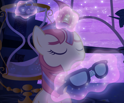 Size: 1010x845 | Tagged: safe, artist:rish--loo, character:moondancer, species:pony, species:unicorn, bust, eyes closed, female, glasses, glasses off, glowing horn, hair tie, horn, hourglass, levitation, loose hair, magic, night, smiling, solo, telekinesis, twilight's canterlot home, vector