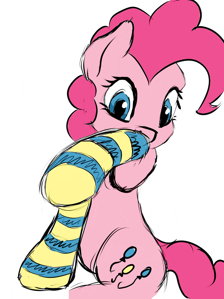 Size: 750x1000 | Tagged: safe, artist:stink111, edit, editor:vedont, character:pinkie pie, species:earth pony, species:pony, animated, clothing, color edit, colored, cute, diapinkes, dressing, female, frame by frame, gif, looking at you, mare, mouth hold, sitting, smiling, sock pulling, socks, solo, striped socks