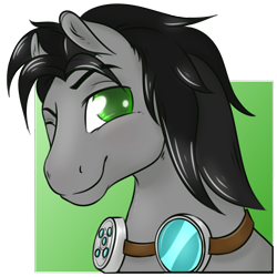 Size: 1620x1620 | Tagged: safe, artist:acry-artwork, oc, oc only, oc:gearspark, species:earth pony, species:pony, bust, earth pony oc, goggles, portrait, smiling, smirk, winking at you