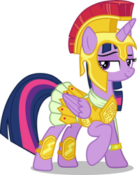 Size: 1024x1305 | Tagged: safe, artist:cencerberon, character:twilight sparkle, character:twilight sparkle (alicorn), species:alicorn, species:pony, armor, athena sparkle, clothing, costume, female, looking at you, mare, raised hoof, show accurate, simple background, solo, transparent background, vector