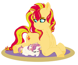 Size: 6624x5520 | Tagged: safe, artist:rosebuddity, character:sunset shimmer, oc, parent:sunset shimmer, parent:twilight sparkle, parents:sunsetsparkle, species:pony, species:unicorn, absurd resolution, baby, baby pony, female, implied twilight sparkle, magical lesbian spawn, mother and child, mother and daughter, offspring, prone, simple background, transparent background