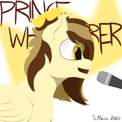 Size: 1500x1500 | Tagged: safe, artist:shoophoerse, oc, oc only, oc:prince whateverer, species:pegasus, species:pony, abstract background, crown, fanart, folded wings, jewelry, microphone, open mouth, regalia, signature, singing, solo, text, wings