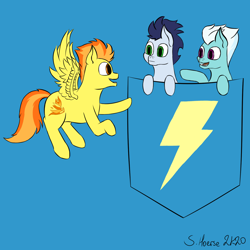 Size: 1500x1500 | Tagged: safe, artist:shoophoerse, character:fleetfoot, character:soarin', character:spitfire, species:pegasus, species:pony, cute, flying, pocket, pocket ponies, shirt pocket, signature, simple background, talking, thunderbolt, tiny, tiny ponies, wonderbolts
