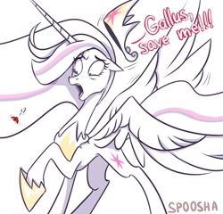 Size: 1094x1050 | Tagged: safe, artist:spoosha, character:gallus, character:twilight sparkle, character:twilight sparkle (alicorn), species:alicorn, species:pony, episode:the last problem, g4, my little pony: friendship is magic, coccinellidaephobia, dialogue, english, implied gallus, insect, ladybug, offscreen character, one leg raised, princess twilight 2.0, scared, surprised, twilight hates ladybugs