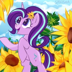 Size: 500x500 | Tagged: safe, artist:spoosha, character:starlight glimmer, species:pony, species:unicorn, cloud, female, flower, flower in hair, sky, solo, standing, sunflower