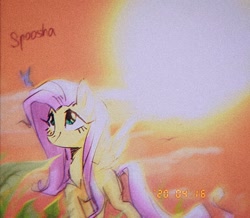 Size: 1236x1080 | Tagged: safe, artist:spoosha, character:fluttershy, species:pegasus, species:pony, butterfly, cloud, female, leaf, looking up, mare, raised hoof, sky, smiling, solo, spread wings, sun, three quarter view, timestamp, wings