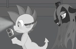 Size: 1280x832 | Tagged: safe, artist:techgear, character:queen chrysalis, character:spike, comic:friendship is innuendo, alien (franchise), dark room