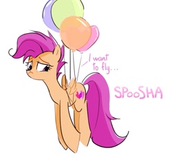Size: 807x767 | Tagged: safe, artist:spoosha, character:scootaloo, species:pegasus, species:pony, balloon, dialogue, english, female, floating, flying, older, older scootaloo, sad, scootaloo can't fly, simple background, solo, three quarter view, white background