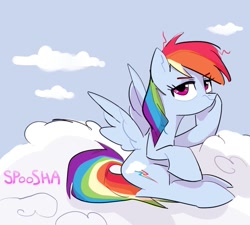 Size: 807x726 | Tagged: safe, artist:spoosha, character:rainbow dash, species:pegasus, species:pony, bored, cloud, female, hoof on cheek, lidded eyes, looking at you, mare, messy mane, on a cloud, sitting, sky, solo, spread wings, wings