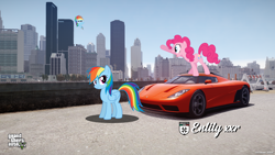 Size: 2560x1440 | Tagged: safe, artist:faze-alan-mskull2019, character:pinkie pie, character:rainbow dash, species:earth pony, species:pegasus, species:pony, my little pony:pony life, car, female, game screencap, grand theft auto, gta iv, gta v, looking at you, new york, new york city, solo