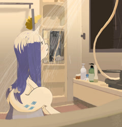 Size: 2619x2732 | Tagged: safe, artist:cottonbudfilly, character:rarity, species:pony, species:unicorn, bottle, brush, female, shower, sitting, soap, solo, wet, wet mane, wet mane rarity