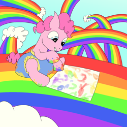 Size: 1280x1280 | Tagged: safe, artist:m3g4p0n1, character:pinkie pie, species:pony, diaper, female, filly, filly pinkie pie, foal, grin, hoof painting, painting, poofy diaper, rainbow, smiling, solo, younger