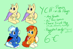 Size: 3217x2168 | Tagged: safe, artist:exobass, character:sunburst, oc, species:pegasus, species:pony, species:unicorn, commission, flag, pegasus oc, wings, ych example, your character here