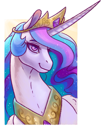 Size: 649x803 | Tagged: safe, alternate version, artist:dragonademetal, character:princess celestia, species:alicorn, species:pony, abstract background, beautiful, bust, chestplate, crown, curved horn, ethereal mane, female, flowing mane, horn, jewelry, lidded eyes, looking at you, mare, multicolored hair, peytral, portrait, purple eyes, regalia, smiling, solo