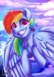 Size: 1600x2263 | Tagged: safe, artist:paintcoloryt, character:rainbow dash, species:pegasus, species:pony, chest fluff, cloud, deviantart watermark, female, mare, obtrusive watermark, sky, smiling, solo, watermark
