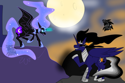 Size: 4500x3000 | Tagged: safe, artist:sapphirus, character:nightmare moon, character:princess luna, oc, parent:king sombra, species:alicorn, species:pony, episode:luna eclipsed, g4, my little pony: friendship is magic, alicorns, commission, confrontation, eclipse, female, luna is not amused, magic, male, mare, moon, offspring, sombra eyes, stallion, unamused