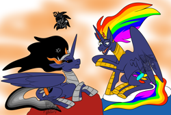Size: 3913x2628 | Tagged: safe, artist:sapphirus, oc, species:alicorn, species:pony, annoyed, commission, discussion, event horizon, evil side, father: sombra, good side, king, male, rainbow, rainbow horizon, same-being, sombra eyes, stallion