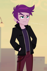 Size: 1548x2298 | Tagged: safe, artist:felux, my little pony:equestria girls, alternate clothes, background human, bad, canterlot city, clothing, jacket, jewelry thief (character), male, show accurate, solo