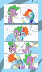 Size: 1280x2176 | Tagged: safe, artist:techgear, character:rainbow dash, character:spike, comic:first drink, blushing, chin up, comic, drink, drinking, drunk, drunker dash, drunker spike, forced