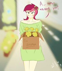 Size: 1300x1500 | Tagged: safe, artist:lzh, character:roseluck, my little pony:equestria girls, blushing, box, clothing, dress, female, flower, looking at you, road, rose, street