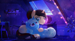 Size: 5000x2773 | Tagged: source needed, safe, artist:rish--loo, oc, oc only, oc:eternal light, species:alicorn, species:pony, species:unicorn, alicorn oc, bed, bedroom, blue eyes, book, carpet, chair, cuddling, detailed background, dresser, female, holding, horn, lights, looking at each other, makeup, male, mare, mirror, on floor, pillow, plant, plant pot, ponytail, purple eyes, shelf, smiling, stallion, tree, two toned mane, two toned tail, unicorn oc, wings