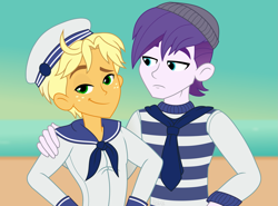 Size: 1751x1296 | Tagged: safe, artist:felux, character:ragamuffin, my little pony:equestria girls, spoiler:eqg series (season 2), alternate hairstyle, beanie, clothing, cute, dirk thistleweed, duo, gay, hat, male, ragabetes, ragadirk, ragamuffin (equestria girls), raised eyebrow, sailor, shipping, smiling