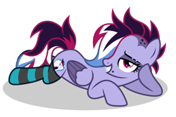 Size: 3000x2000 | Tagged: safe, artist:oyks, oc, oc only, oc:brie spacer, species:pegasus, species:pony, bedroom eyes, clothing, draw me like one of your french girls, female, lip piercing, mare, multicolored hair, piercing, seductive, simple background, socks, solo, striped socks, transparent background