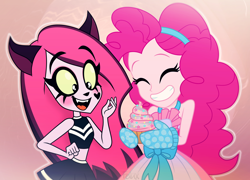 Size: 2880x2071 | Tagged: safe, artist:felux, character:pinkie pie, species:anthro, my little pony:equestria girls, alternate clothes, apron, breasts, cat, cat ears, cheerleader, clothing, crossover, cupcake, cute, diapinkes, duo, eyelashes, eyes closed, eyeshadow, fangs, female, food, makeup, namesake, open mouth, pinky, pinky (teen-z), pun, show accurate, simple background, skirt, smiling, smirk, teen-z, visual gag