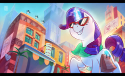 Size: 1473x900 | Tagged: safe, artist:seanica, character:rarity, species:pony, species:unicorn, bag, city, clothing, female, glowing horn, grin, horn, letterboxing, levitation, low angle, magic, manehattan, mare, scarf, scenery, smiling, solo, sunglasses, telekinesis