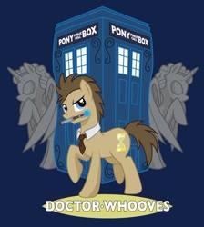 Size: 534x595 | Tagged: safe, artist:hezaa, character:doctor whooves, character:time turner, species:earth pony, species:pony, blue background, crossover, doctor who, necktie, raised hoof, raised leg, sonic screwdriver, tardis, the doctor, weeping angel